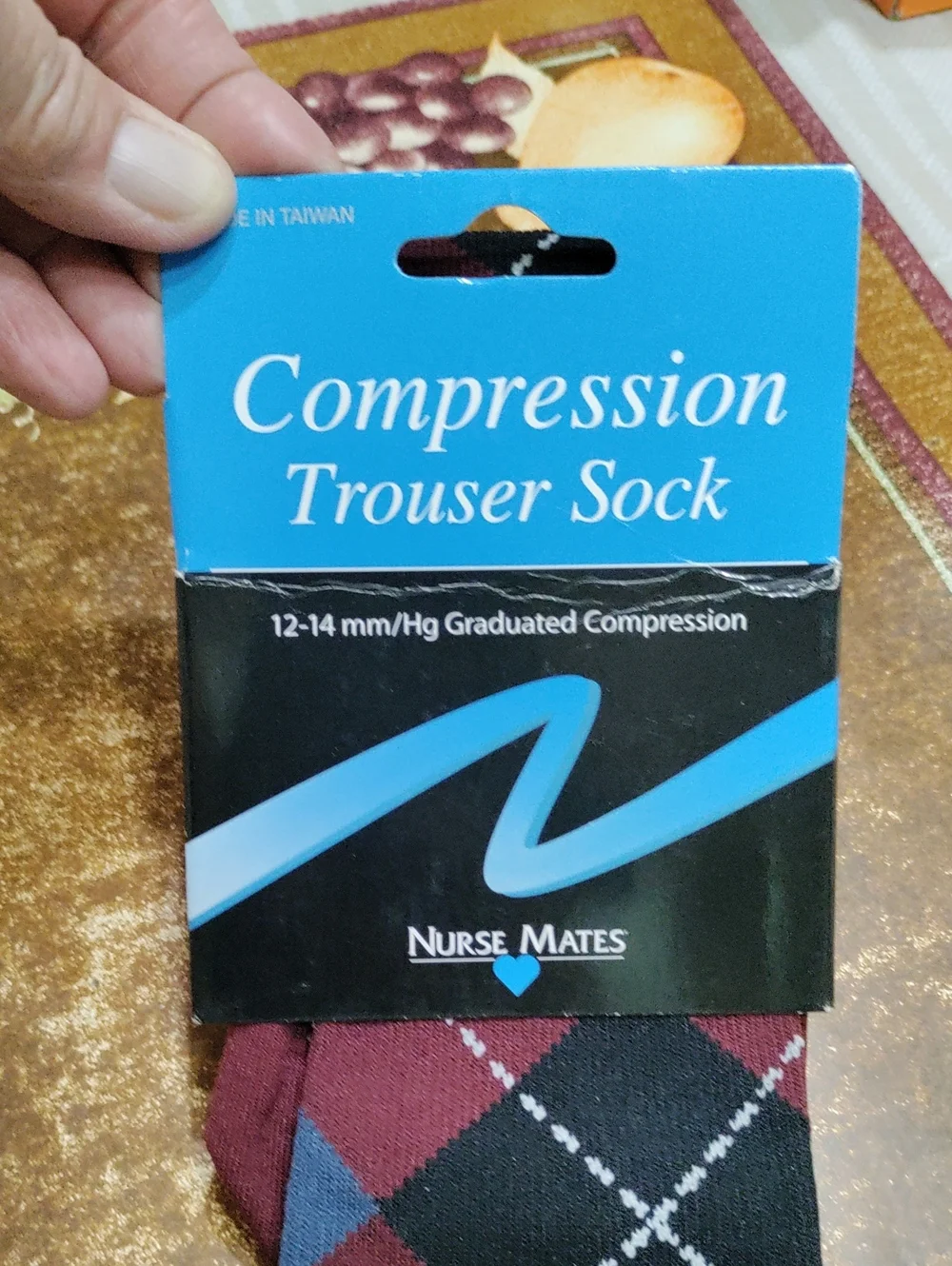 Nurse Mates Men's Burgundy Argyle Compression Socks with Blue and Black Accents